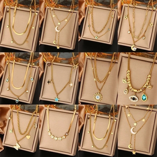 316L Stainless Steel 18K Gold Plated Vintage Style Commute Plating Inlay Devil's Eye Star Moon Turquoise Rhinestones Layered Necklaces
