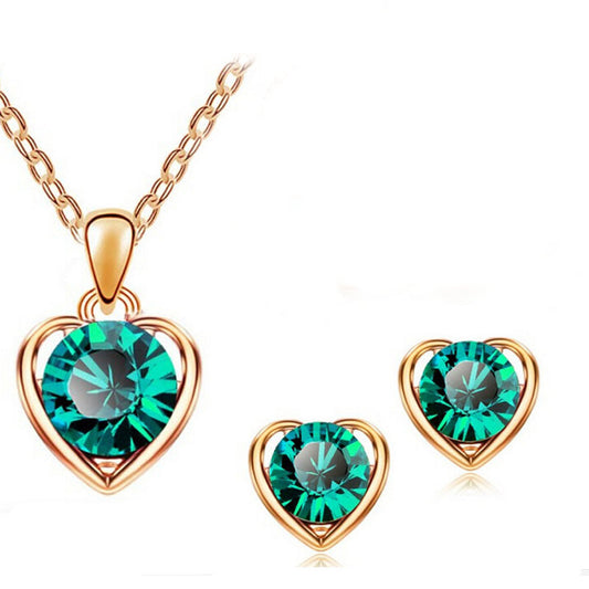 Fashion Simple Crystal Heart Pendent Alloy Necklace Earrings Set