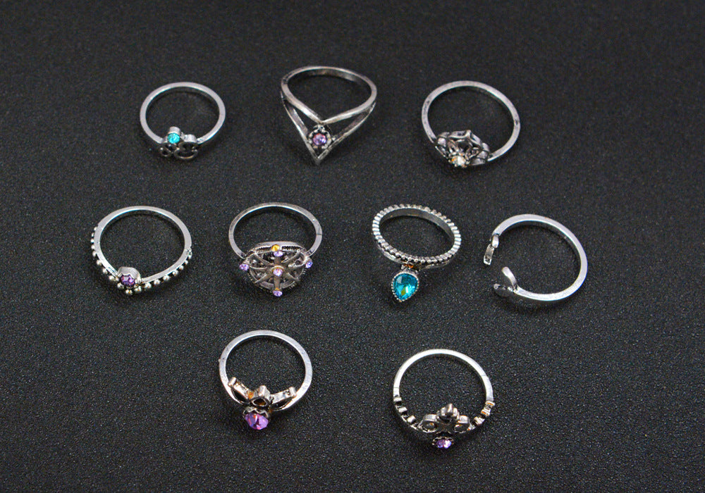 Wholesale Jewelry Geometry Ship Rudder Cross Leaf Gemstone 9-piece Set Ring Nihaojewelry