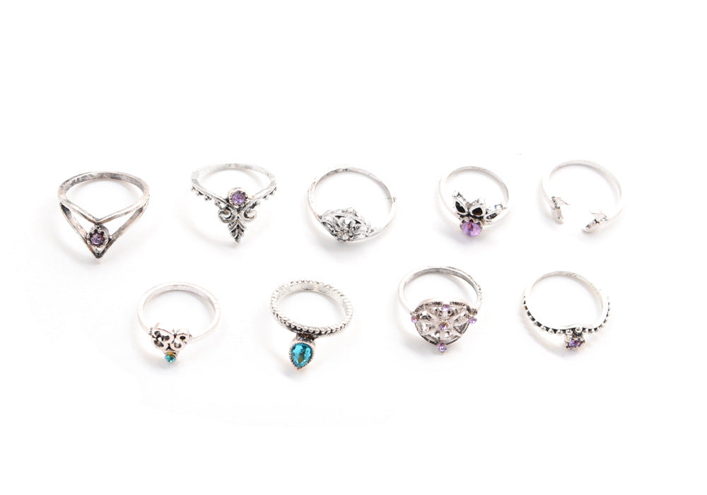 Wholesale Jewelry Geometry Ship Rudder Cross Leaf Gemstone 9-piece Set Ring Nihaojewelry