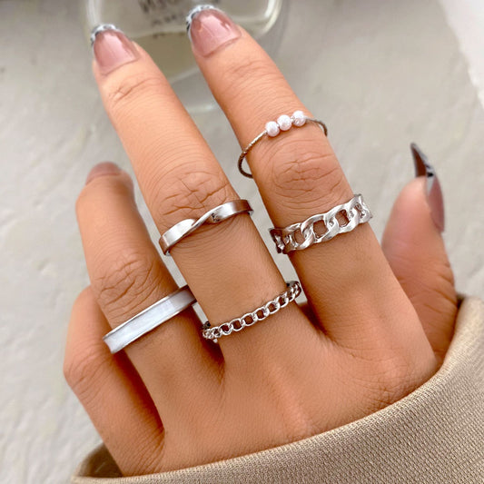 Simple Style Geometric Alloy Plating Artificial Pearls Open Ring 5 Pieces
