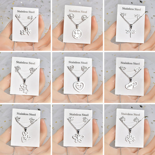 Fashion Letter Heart Shape Solid Color Titanium Steel Hollow Out Earrings Necklace 1 Set