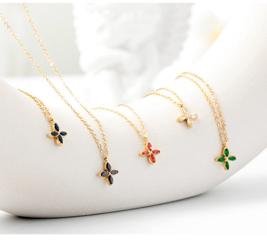Fashion Simple Style Four Leaf Clover Stainless Steel Plating Artificial Gemstones Necklace
