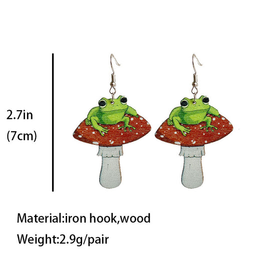 1 Pair Fashion Mushroom Frog Wood Patchwork Women's Drop Earrings