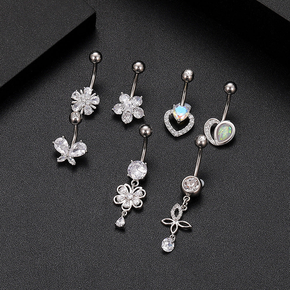 Fashion Heart Shape Flower Butterfly Stainless Steel Plating Inlay Zircon Belly Ring 1 Piece