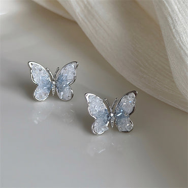 Morandi Blue Gradient Crystal Butterfly Stud Earrings Women's Design Sense Niche Retro Personality Versatile Earrings Earrings