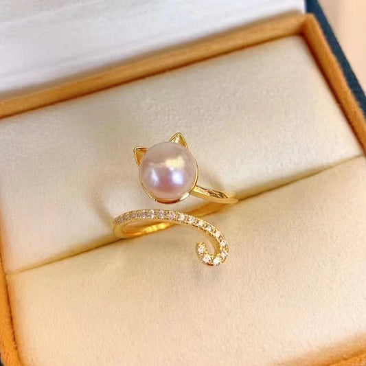 Elegant Cat Freshwater Pearl Inlay Artificial Gemstones Rings