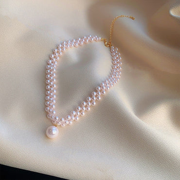 Fashion Retro Pearl Braided Necklace Alloy Clavicle Chain