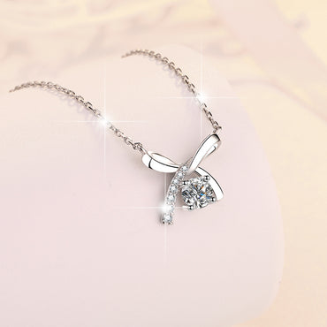 Sterling Silver Elegant Simple Style Bow Knot GRA Plating Moissanite Zircon Pendant Necklace