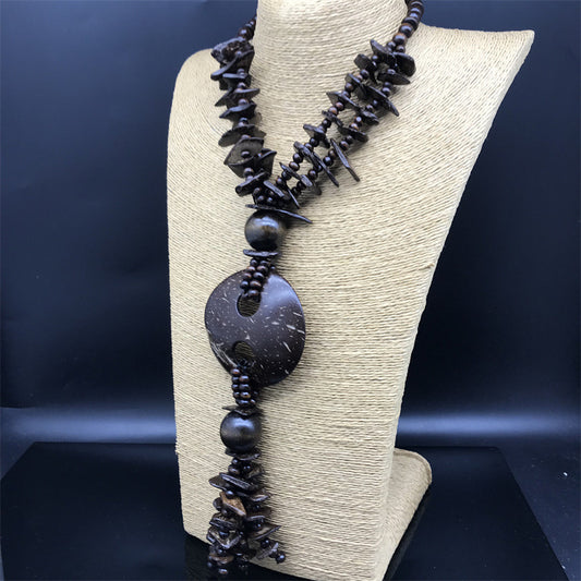 Retro Solid Color Wood Beaded Enamel Unisex Long Necklace