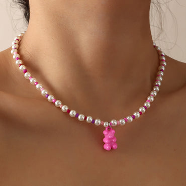 New Macaron Color Jelly Bear Necklace Personality Trendy Color Rice Bead Pearl Stitching Clavicle Chain