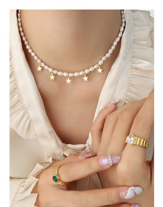 Fashion Star Pearl Titanium Steel Necklace
