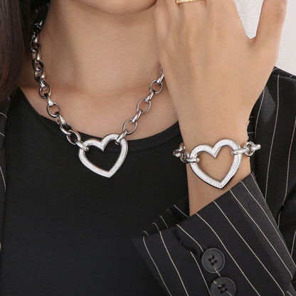 Fashion Heart Shape Titanium Steel Plating Hollow Out Inlay Zircon Bracelets Necklace