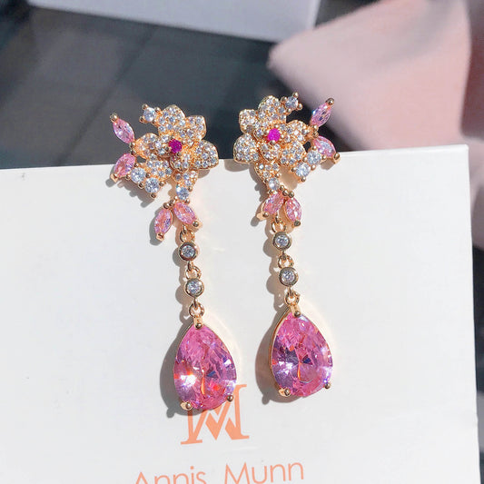 Flower Stud Earrings Stereo Rose Pink Drop-shaped Gemstone Crystal Long Earrings