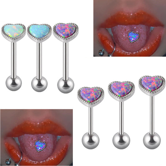 1 Piece Tongue Rings Hip-Hop Heart Shape Stainless Steel Inlay Opal Tongue Rings