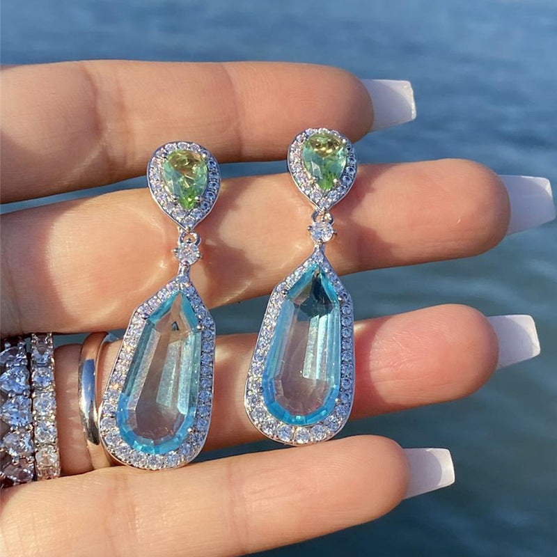 Fashion Sea Blue Zircon Geometric Copper Earrings Wholesale