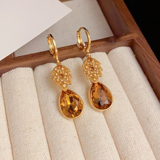 1 Pair Elegant Retro Leaf Copper Zircon 14K Gold Plated Drop Earrings