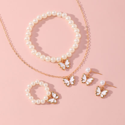 New Butterfly Pendant Pearl Bracelet Children's Ring Earrings Jewelry Set Wholesale