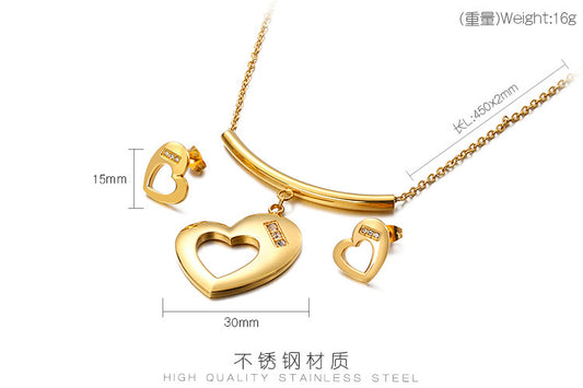 Cross-border E-commerce Stainless Steel Jewelry Wholesale European And American Fashion Diamond-embedded Heart-shaped Ladies Necklace And Earrings Suite Wholesale