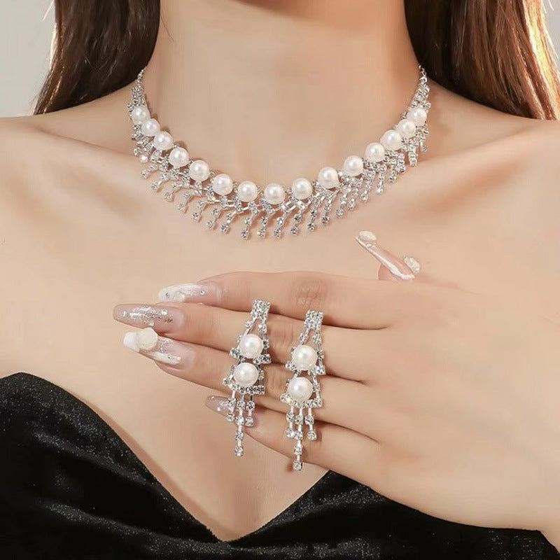 1 Set Fashion Tassel Imitation Pearl Rhinestone Women's Earrings Necklace