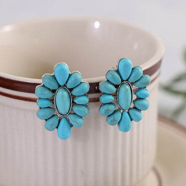 1 Pair Retro Exaggerated Water Droplets Inlay Alloy Turquoise Ear Studs