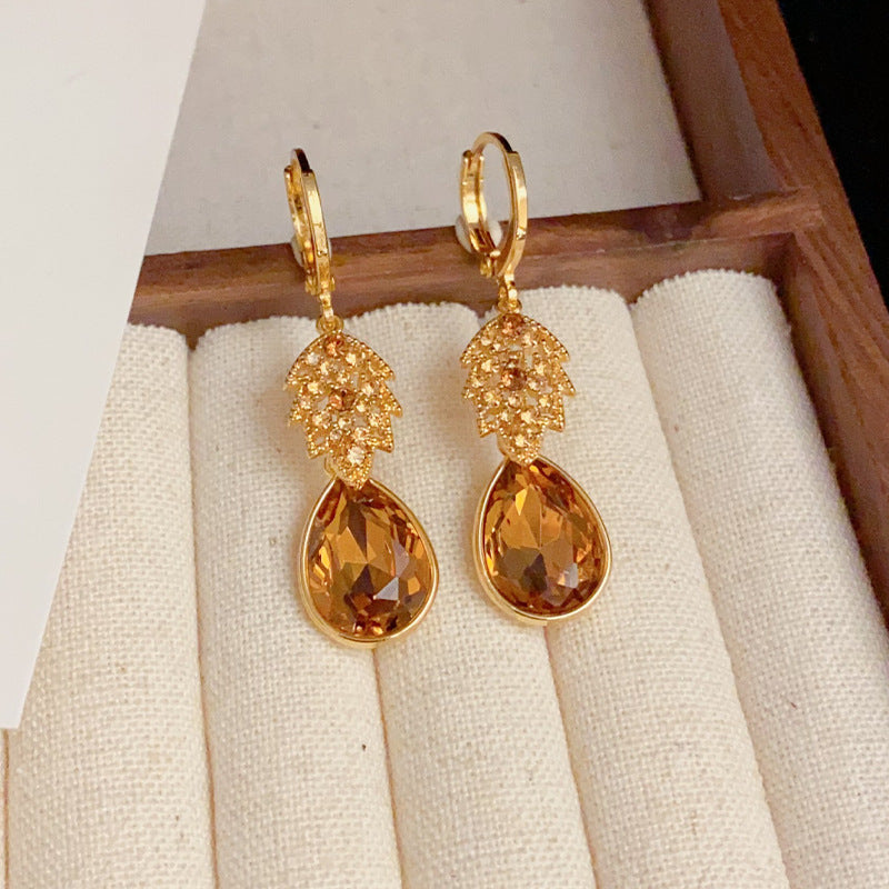 1 Pair Elegant Retro Leaf Copper Zircon 14K Gold Plated Drop Earrings