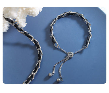 Ins Style Solid Color Pu Leather Titanium Steel Plating Bracelets Necklace 1 Piece