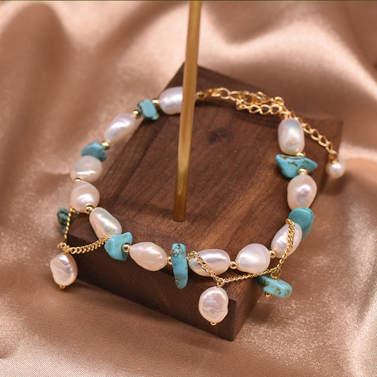 Retro Shamrock Water Droplets Pearl Inlaid Turquoise Bracelets