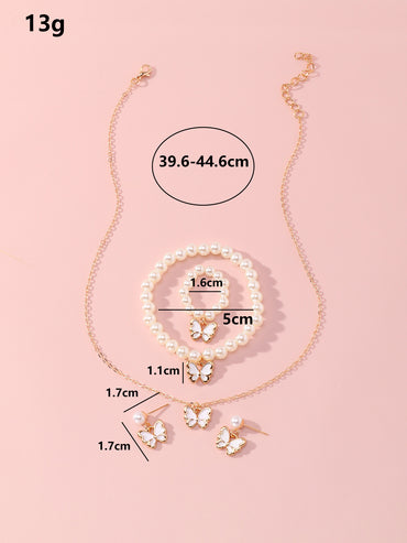 New Butterfly Pendant Pearl Bracelet Children's Ring Earrings Jewelry Set Wholesale