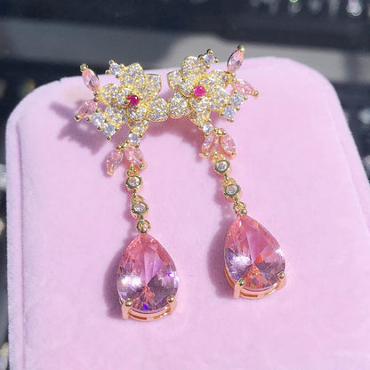 Flower Stud Earrings Stereo Rose Pink Drop-shaped Gemstone Crystal Long Earrings