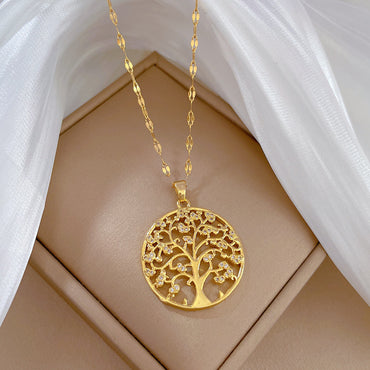 Fashion Round Tree Titanium Steel Copper Zircon Pendant Necklace In Bulk