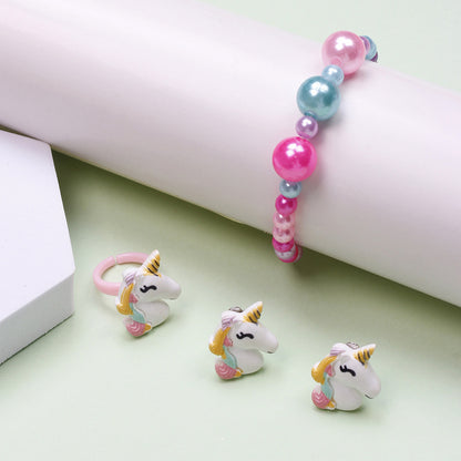 Cute Unicorn Crown Resin Beaded Rings Earrings Necklace 1 Set