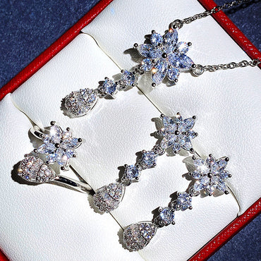 Bridal Jewelry Necklace Three-piece Flower Water Drop Zircon Jewelry Copper Set