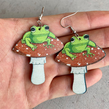 1 Pair Fashion Mushroom Frog Wood Patchwork Women's Drop Earrings