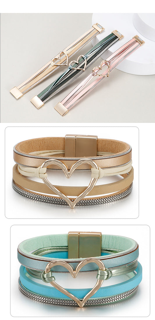 Fashion Heart Shape Pu Leather Alloy Knitting Women's Bracelets