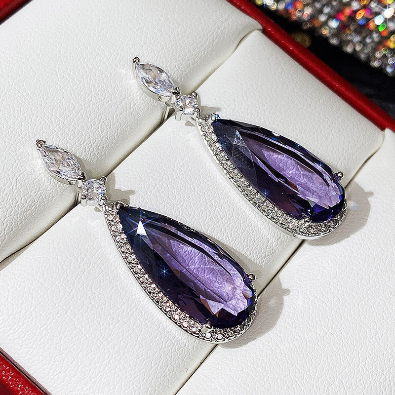 Classic Water Micro-set Purple Zircon Contrast Color Long Copper Earrings Wholesale