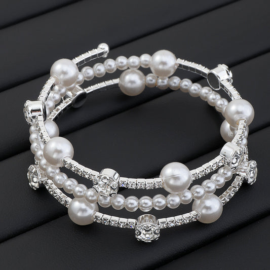 Fashion Rhinestone Pearl Multi-layer Winding Bracelet
