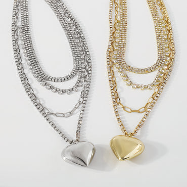 Fashion Golden Silvery Pendant Heart Shape Multi-layer Rhinestone Alloy Necklace