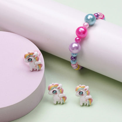 Cute Unicorn Crown Resin Beaded Rings Earrings Necklace 1 Set