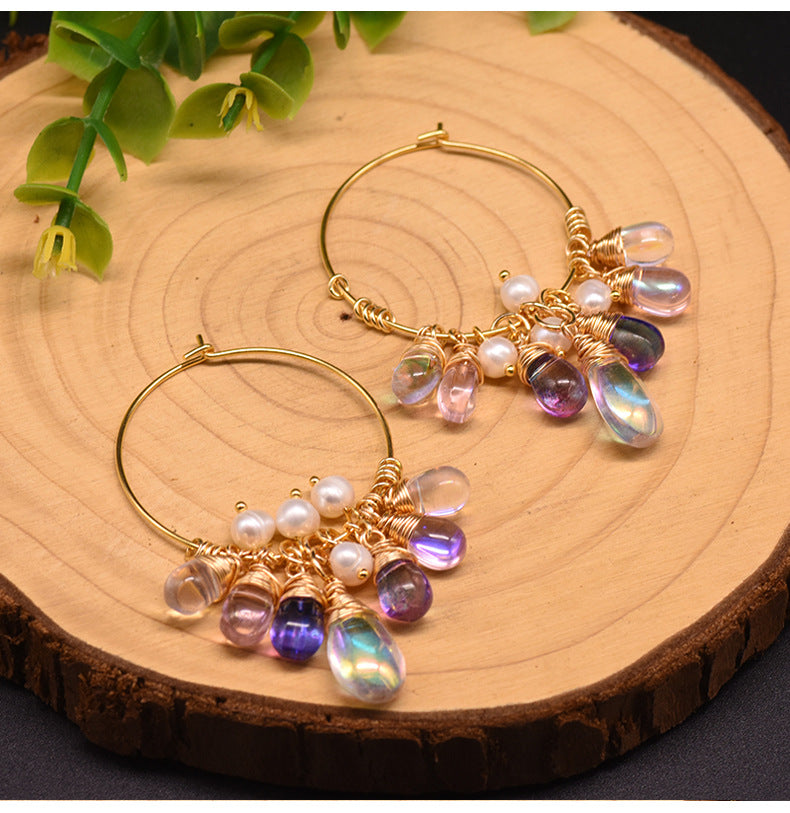 1 Pair Fashion Circle Inlay Freshwater Pearl Sterling Silver Artificial Crystal 18K Gold Plated Earrings
