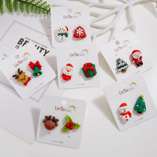 1 Pair Fashion Christmas Tree Santa Claus Snowman Epoxy Soft Clay Ear Studs