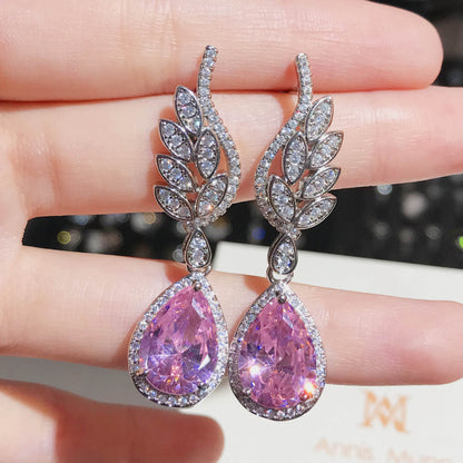 Internet Celebrity Live Hot Sale Light Luxury Romantic Argyle Pink Morgan Stone Stud Earrings Micro-inlaid Water Drop Pink Diamond Wings Earrings For Women