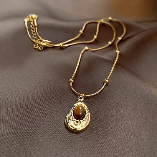 Stainless Steel Vintage Style Water Droplets Plating Inlay Amber Pendant Necklace