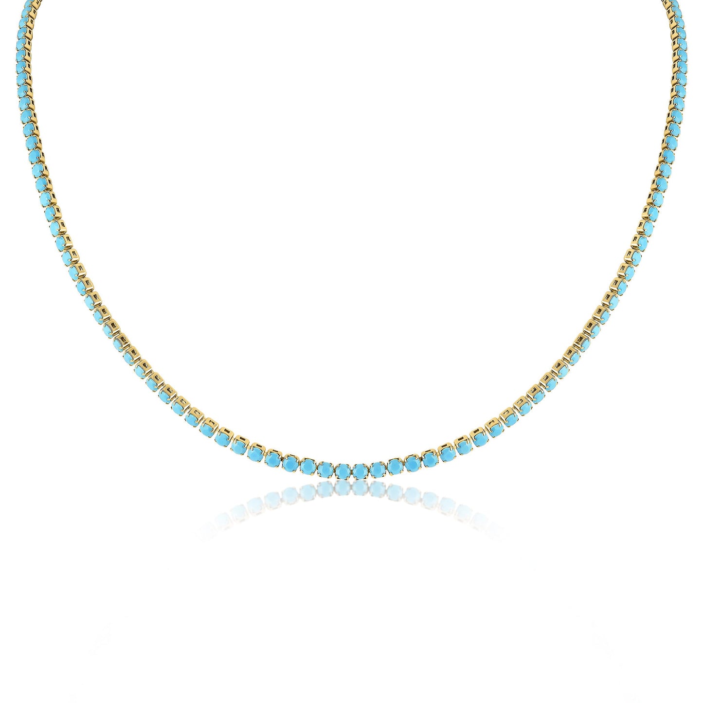 18k Gold PVD Coated Stainless Steel Turquoise Rhinestone Tennis Chain Necklace With 2 Extension / TNN0006