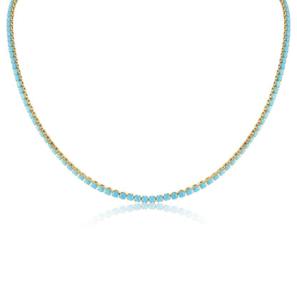 18k Gold PVD Coated Stainless Steel Turquoise Rhinestone Tennis Chain Necklace With 2 Extension / TNN0006