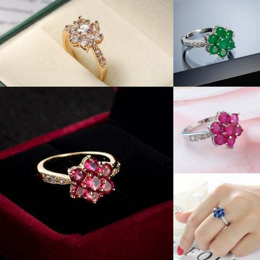 Color Zircon Ring Women's Fashion Simple Plant Flowers Style Copper Electroplated
