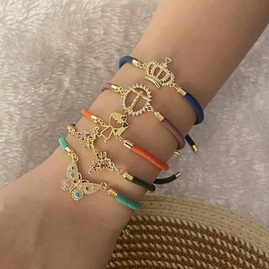 Copper Micro Inlaid Butterfly And Cross Virgin Drawable Bracelet Gold Plated Micropaved For Women