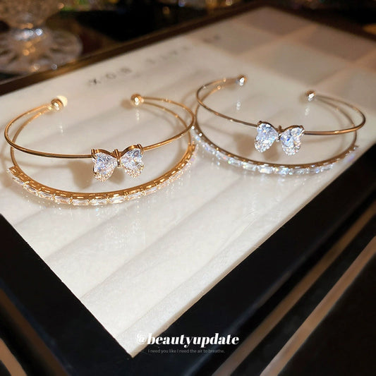 Copper Zircon Bow Love Double Row Open Bracelet Light Luxury Fashion Allmatch Highend Bracelet