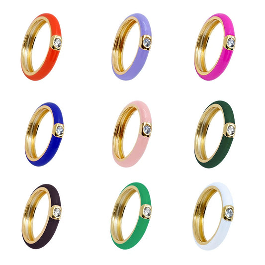 Copper Zircon Inlaid Ring With Epoxy Enamel And Geometric Design Electroplated For Unisex