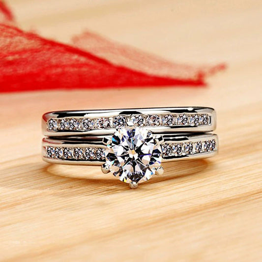 Couple Engagement Ring Copper Platinum Plated With Zircon And Geometric Pattern